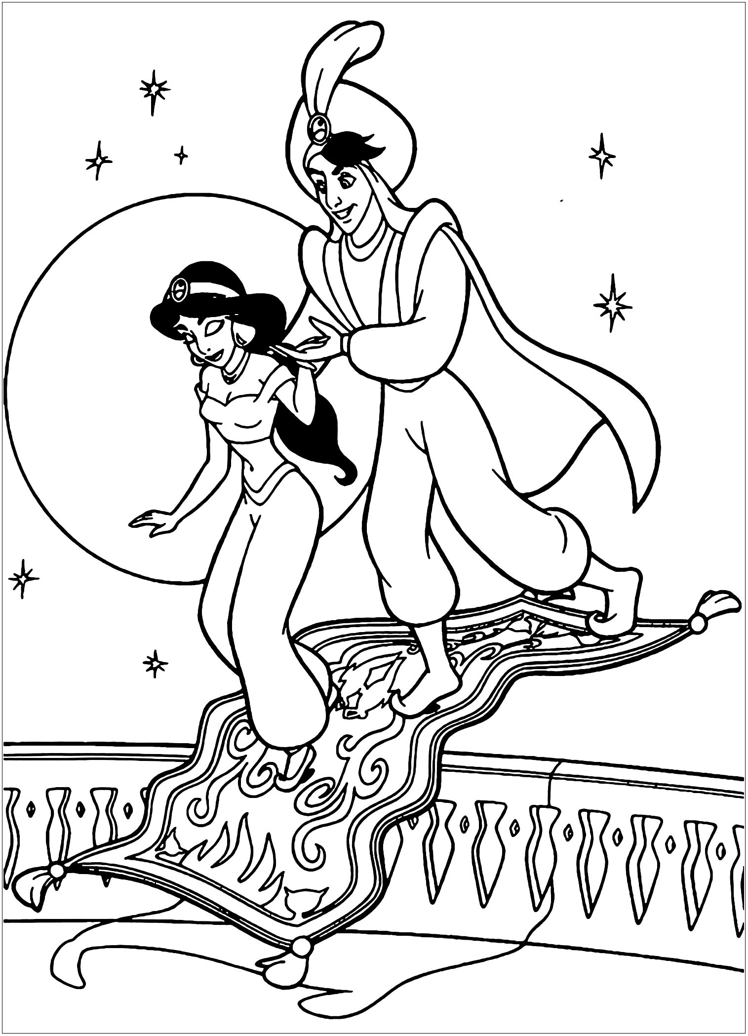 Aladdin and Jasmine returning from their trip on a flying carpet