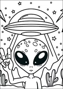 Printable Coloring Page for Kids : Alien with his flying saucer