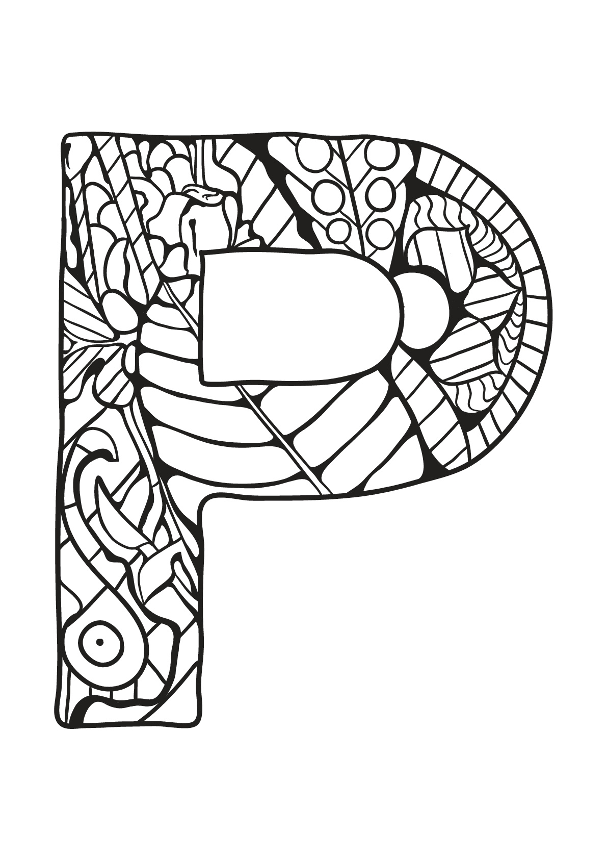 Alphabet coloring page with few details for kids : P