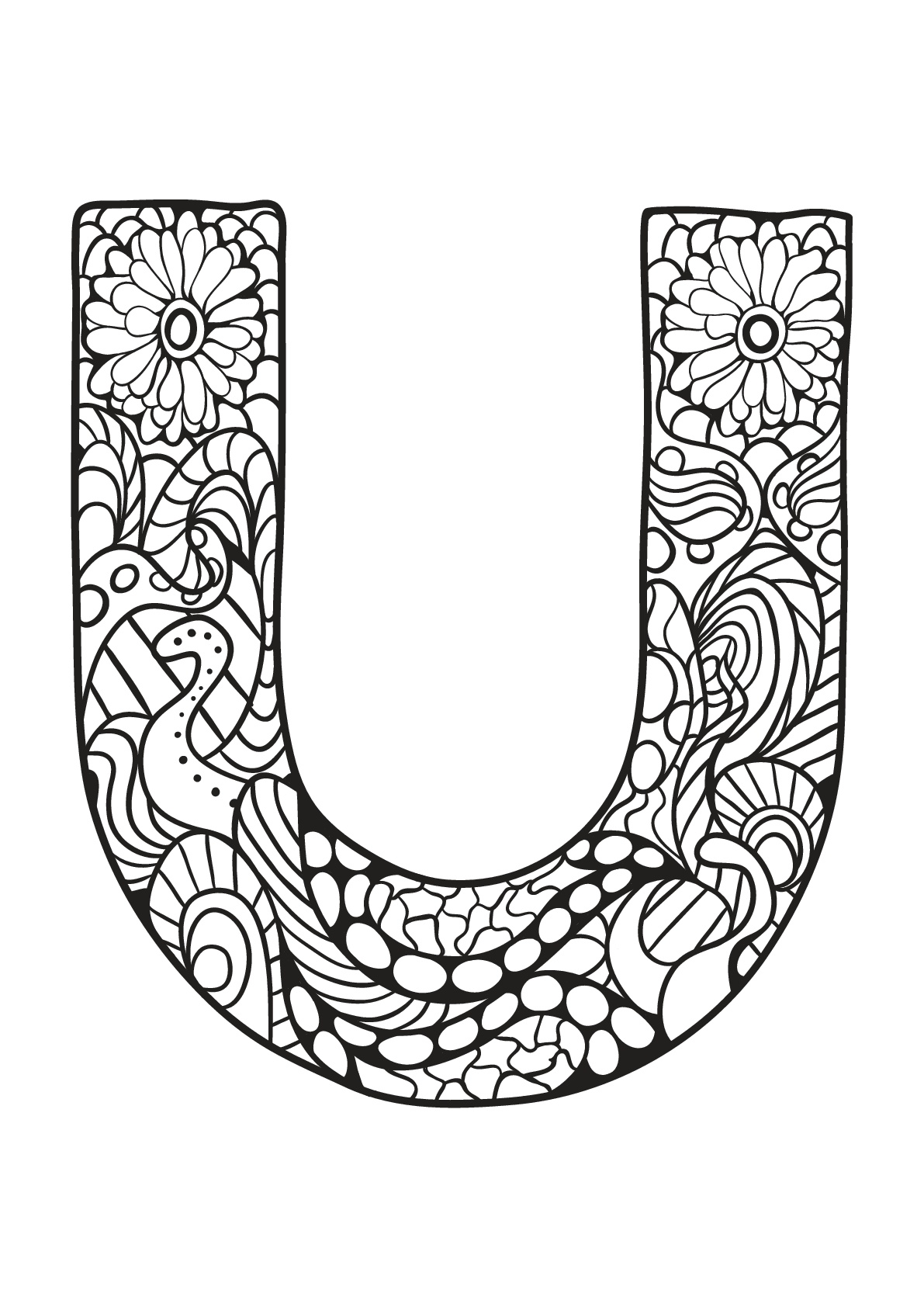 Beautiful Alphabet coloring page to print and color : U