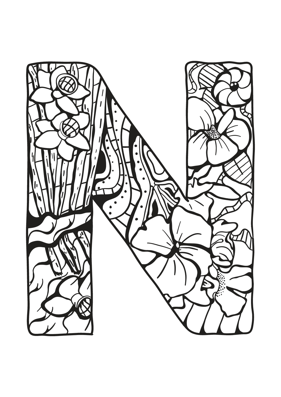 Simple Alphabet coloring page for children : N