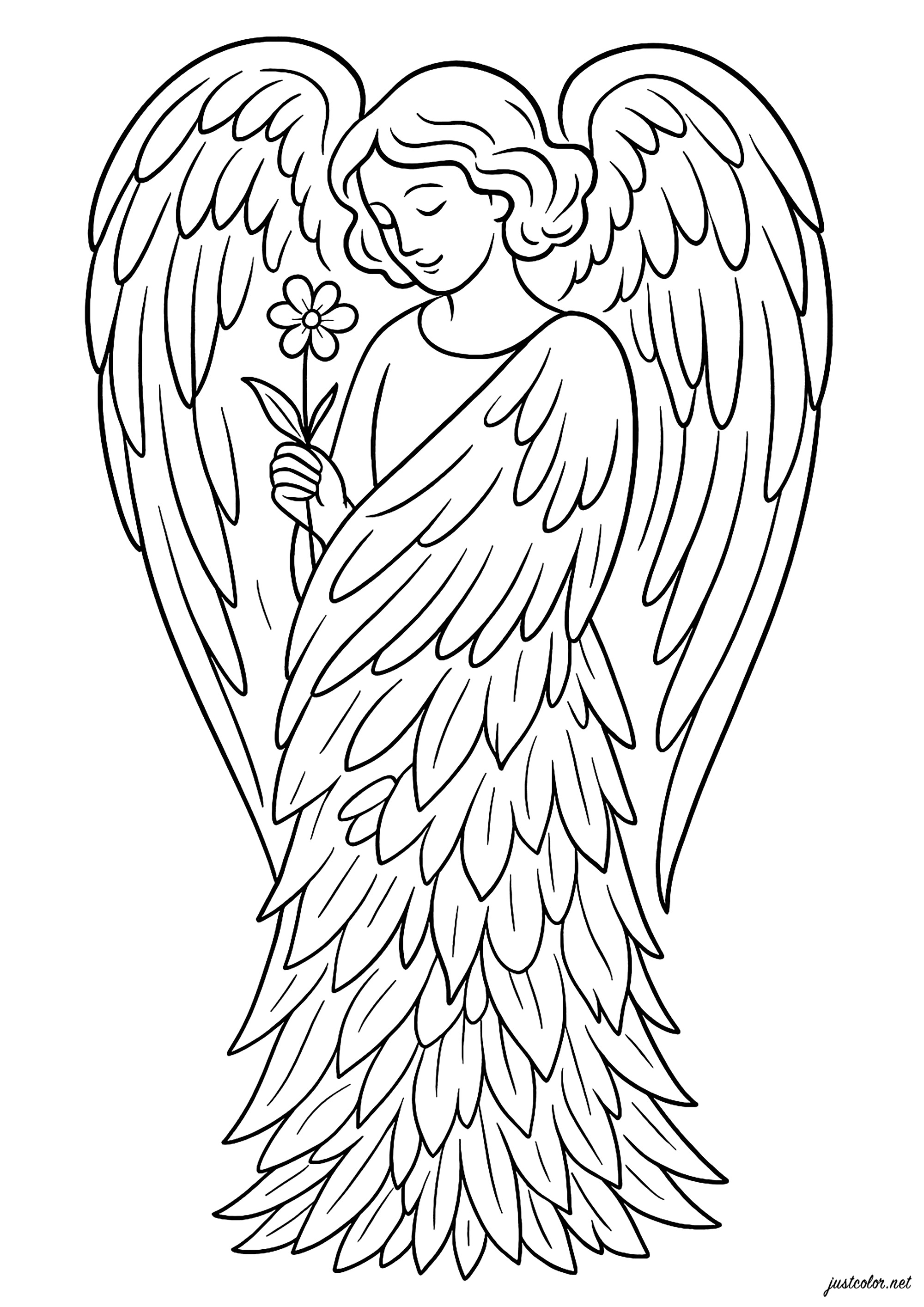 Serene angel with a gentle smile (Printable Coloring Page for Kids)
