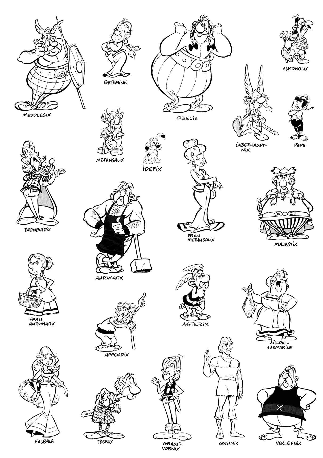 Drawing of several characters of Asterix to print and color