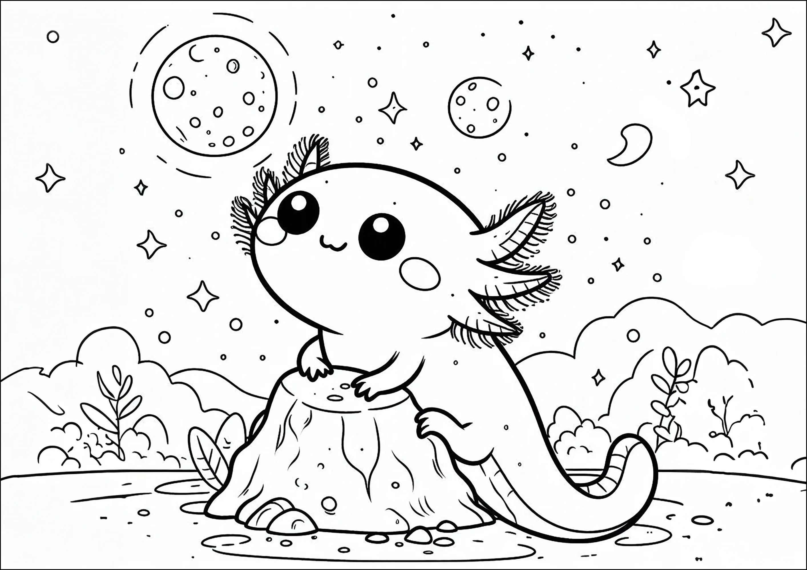 Axoloti admiring the night sky and the moon (Printable Axolotl Coloring Page for Kids)