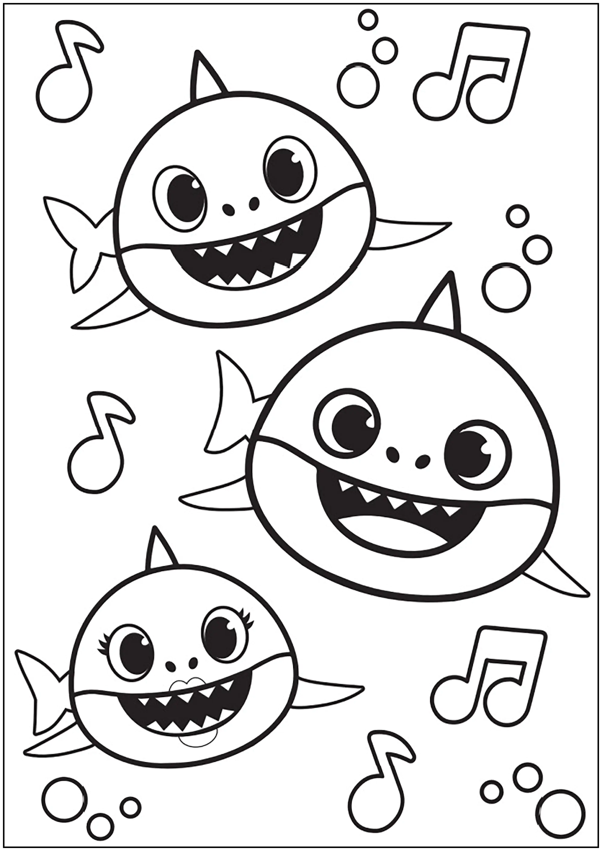 Baby Shark: Three sharks swim to music (Printable Coloring Page for Kids)