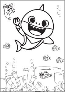 Baby Shark with seabed fish and coral (Coloring Page)