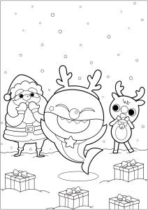 Printable Gift Coloring Page for Kids : Baby Shark with Santa Claus and Rudolph the Red-Nosed Reindeer