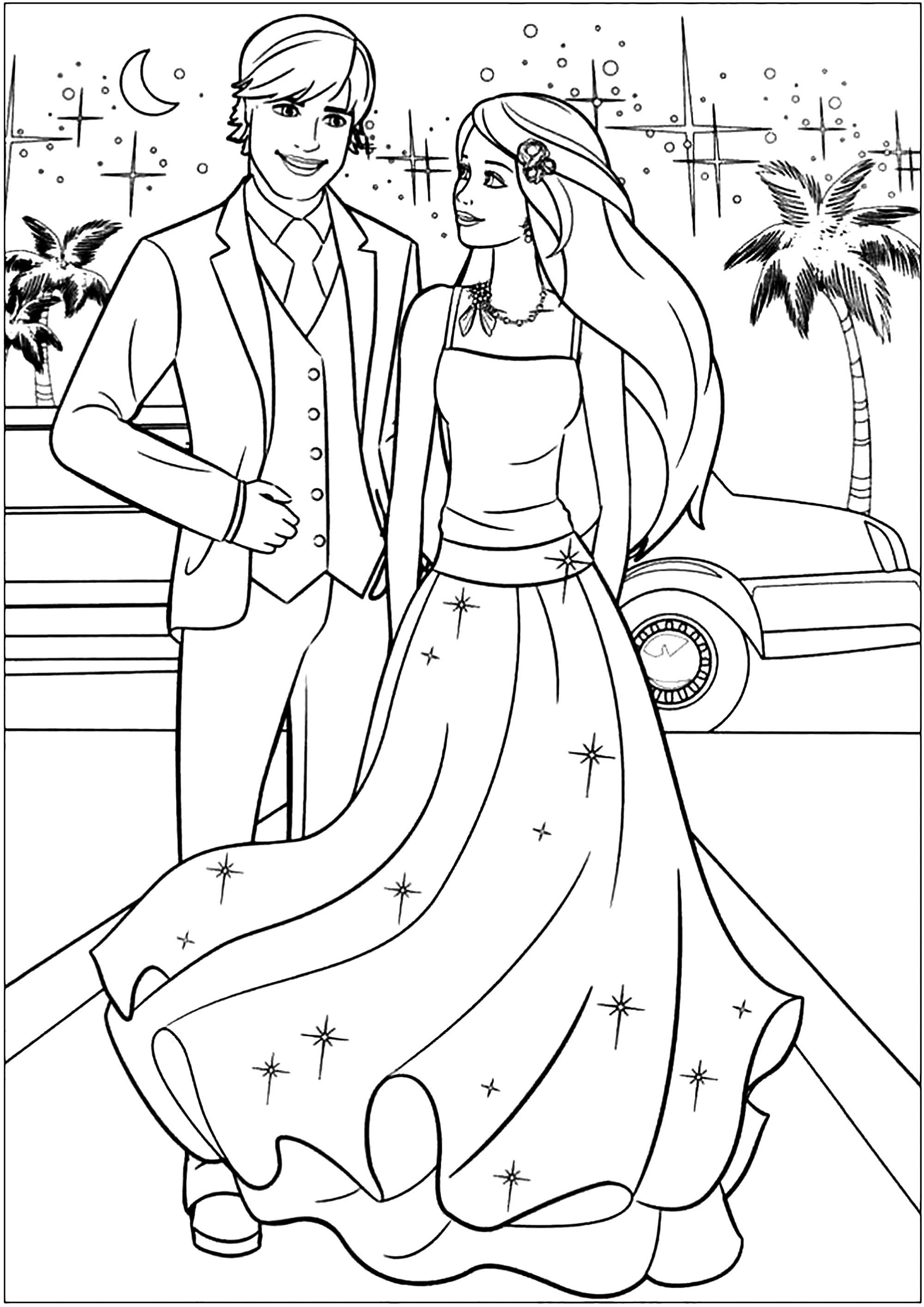 Barbie in dress and Ken in suit. Elegant coloring