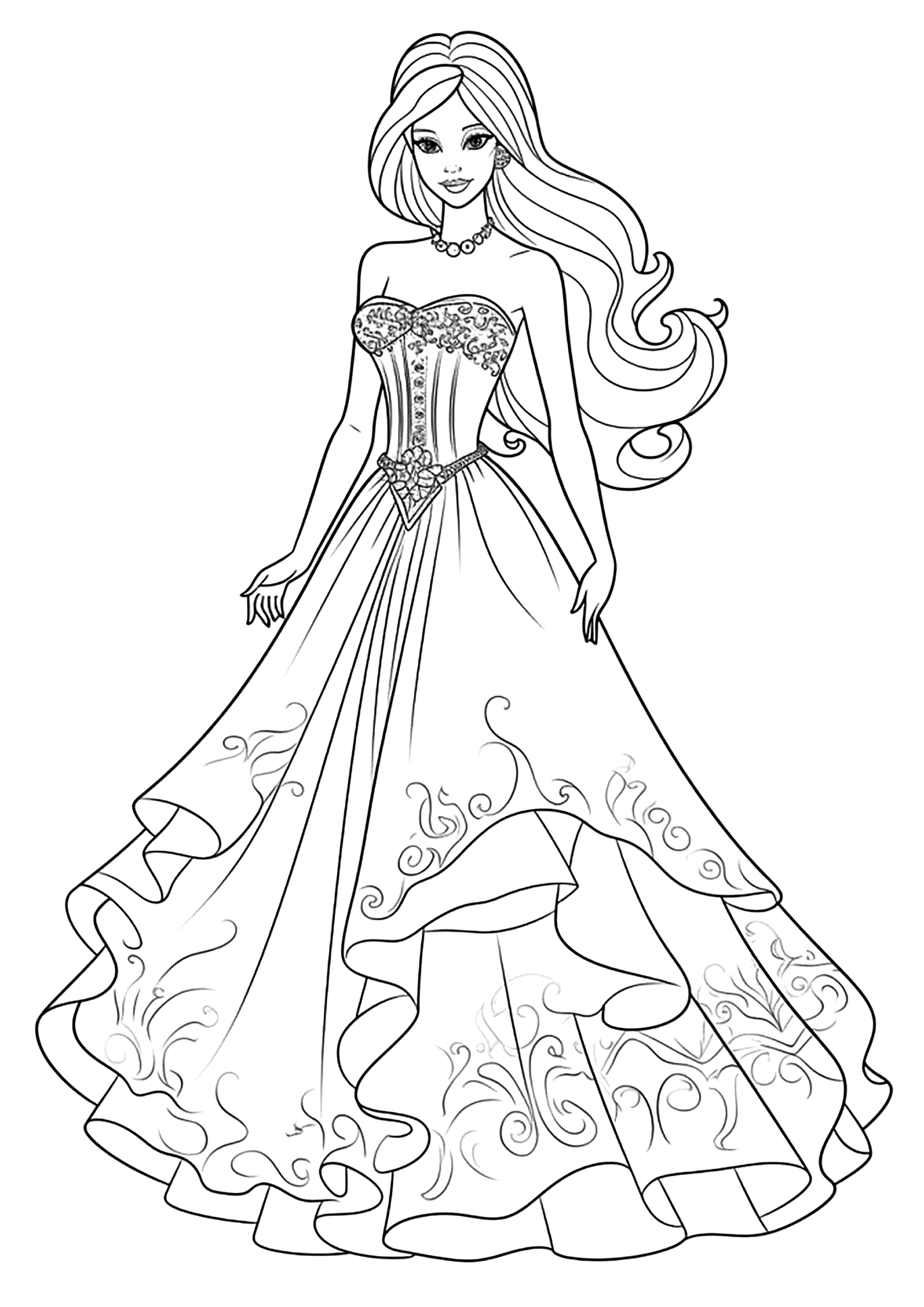 Barbie in a pretty ball gown. Some beautiful details to color in Barbie's pretty dress