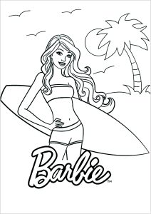 Barbie ready to surf on a beautiful beach