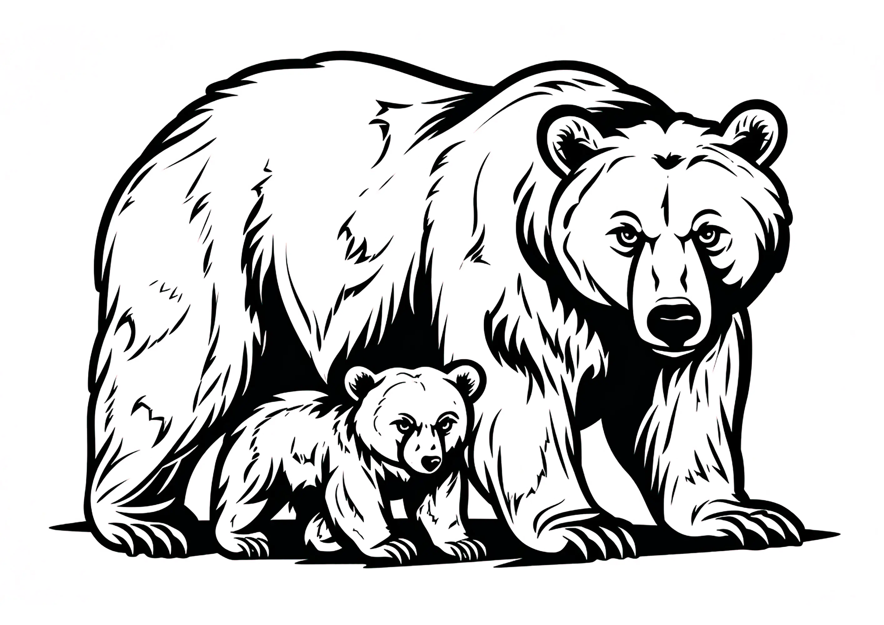 Two bears in a thickly contoured design (Printable Bears and Cubs Coloring Page for Kids)