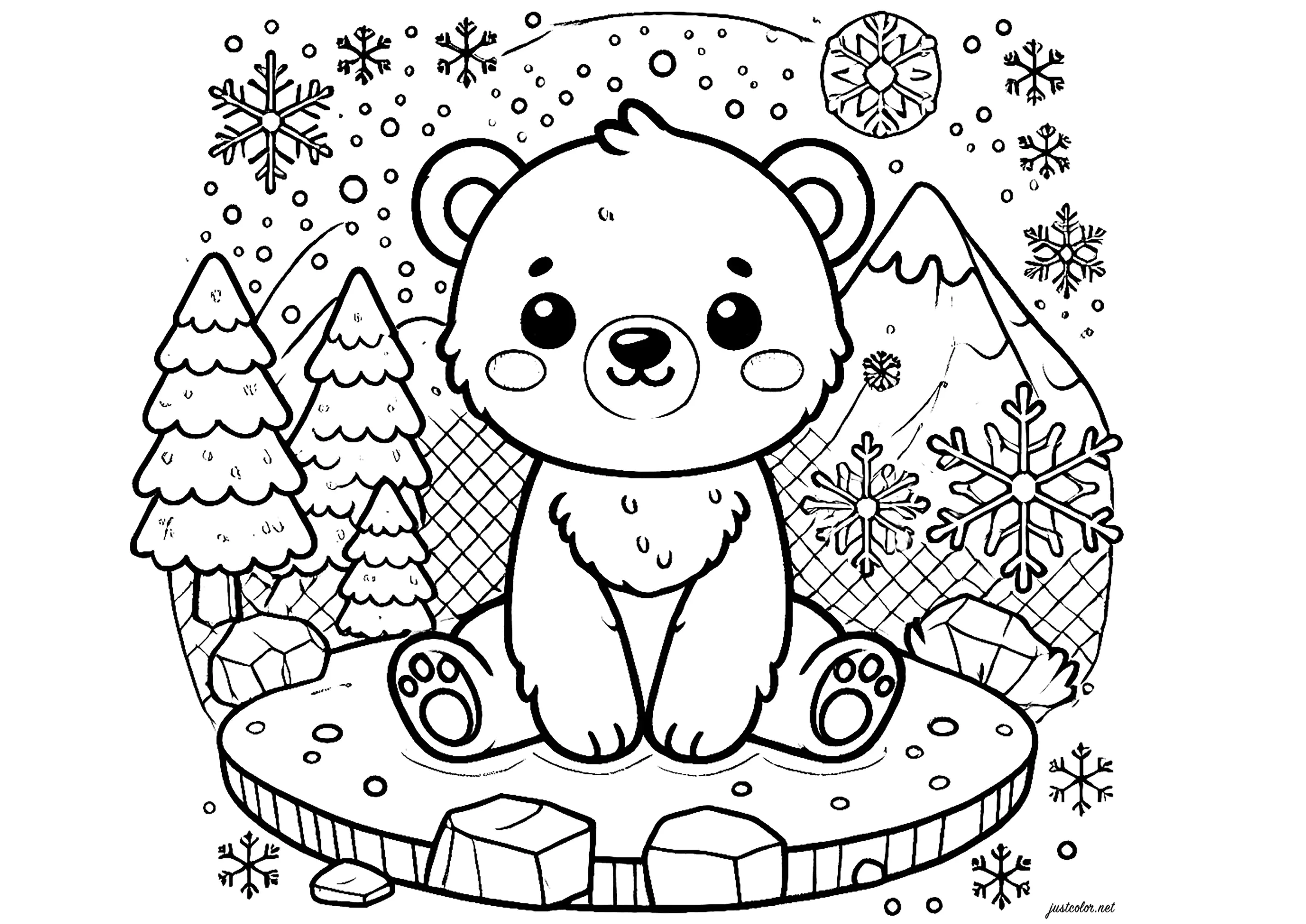 Polar bear on a block of ice (Printable Bears and Cubs Coloring Page for Kids)