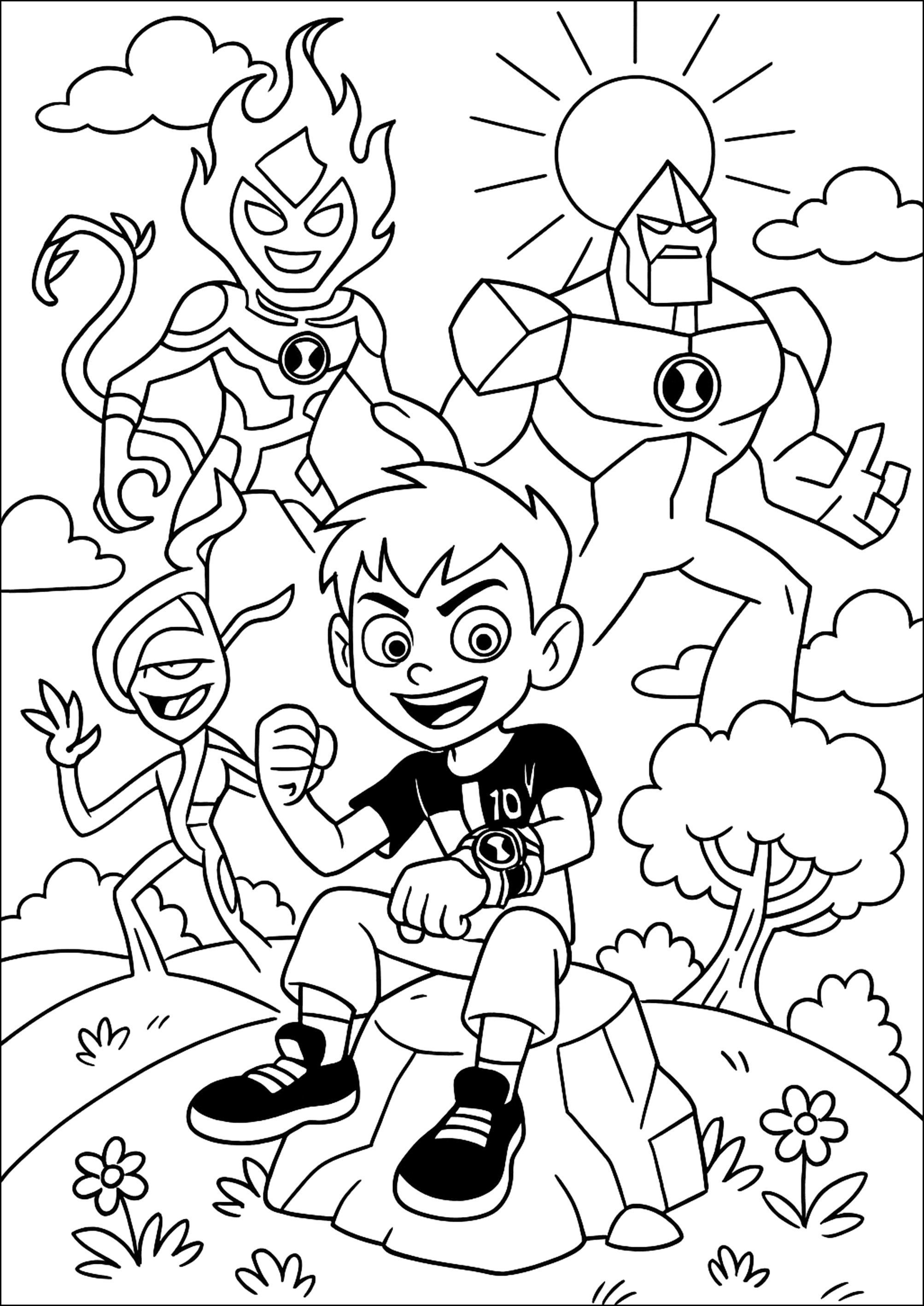 Ben 10 and his Aliens in full transformation (Printable Coloring Page for Kids)