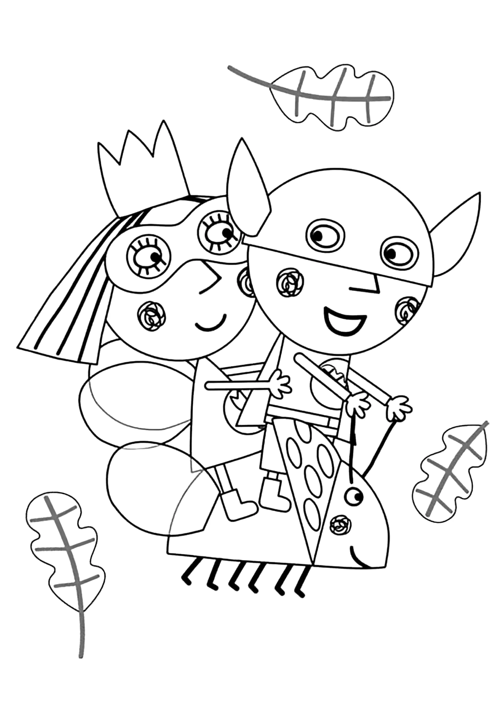 Ben and Holly with masks (Printable Ben and Holly’s Little Kingdom Coloring Page for Kids)