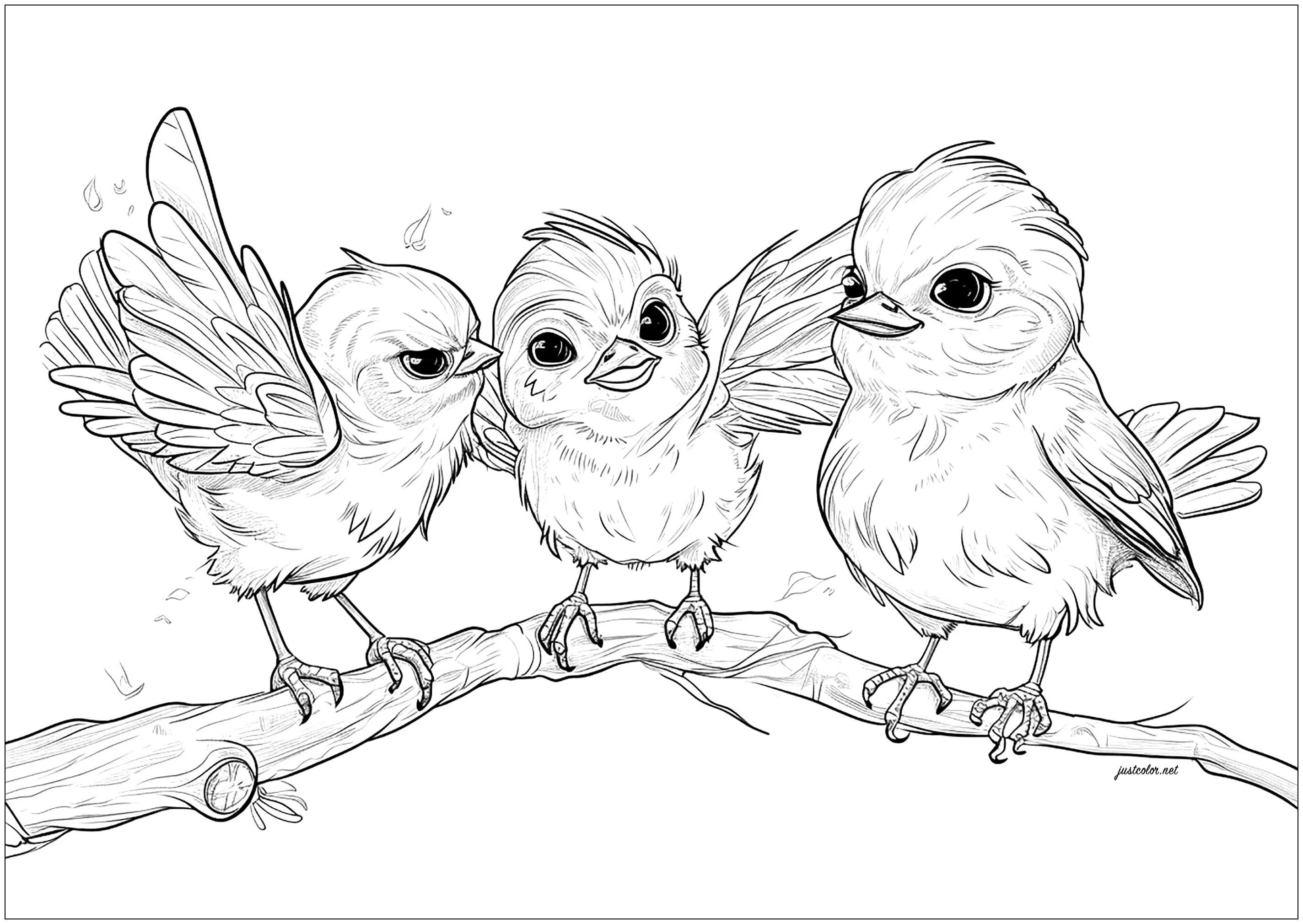 Three funny birds realistically drawn on a branch (Printable Coloring Page for Kids)