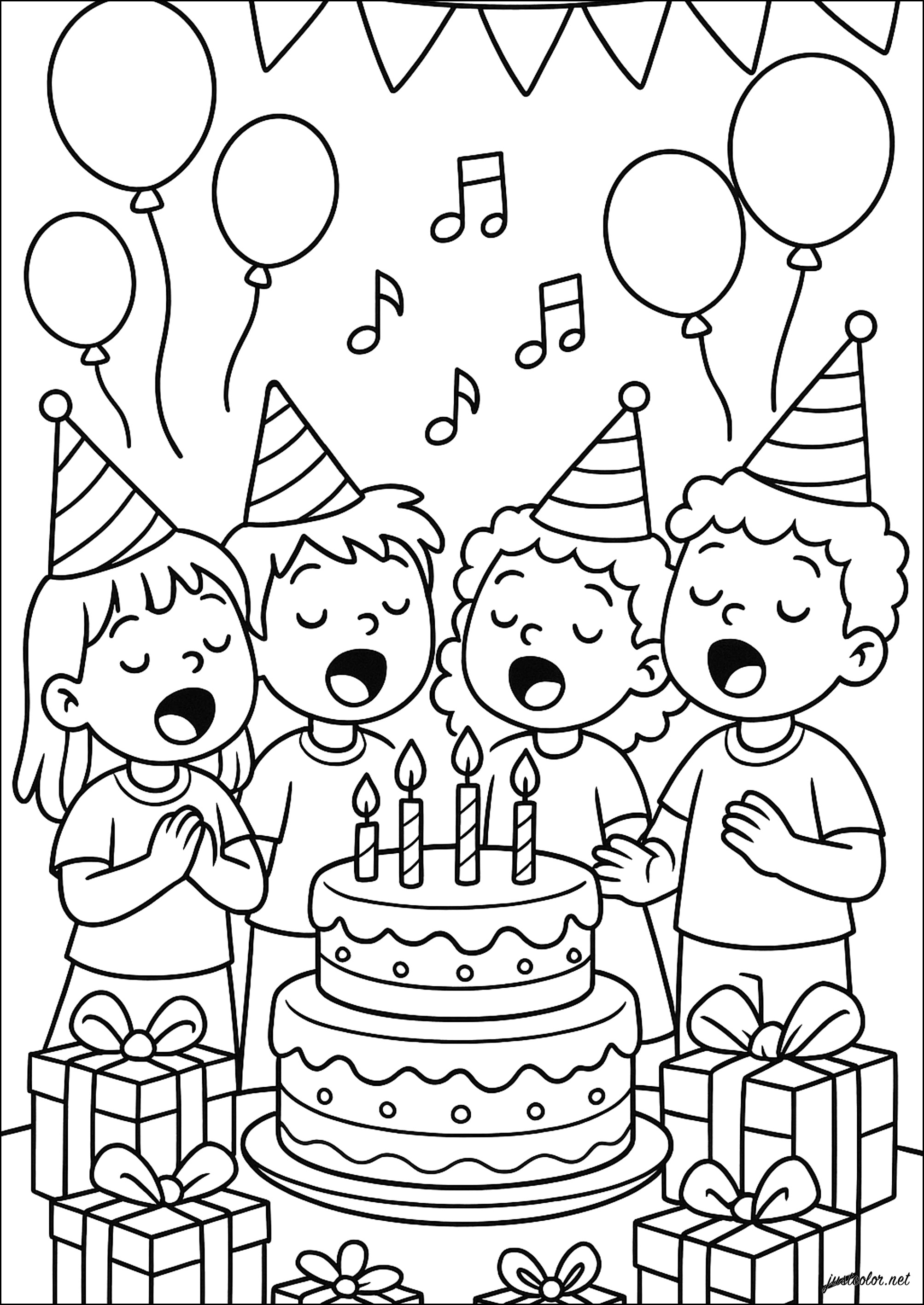 Joyful song around the cake (Printable Birthday Coloring Page for Kids)