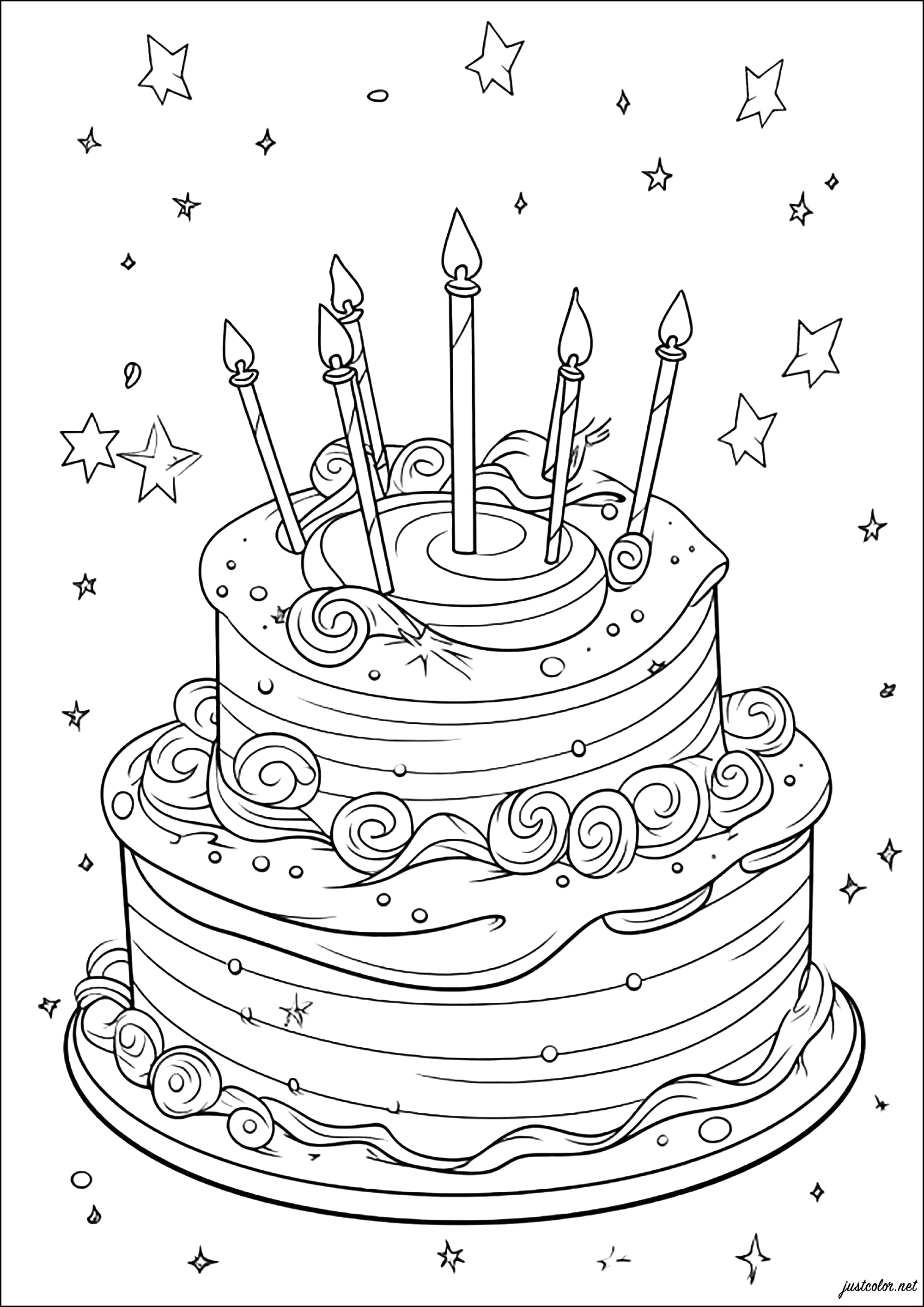 Huge birthday cake with starry background (Printable Coloring Page for Kids)