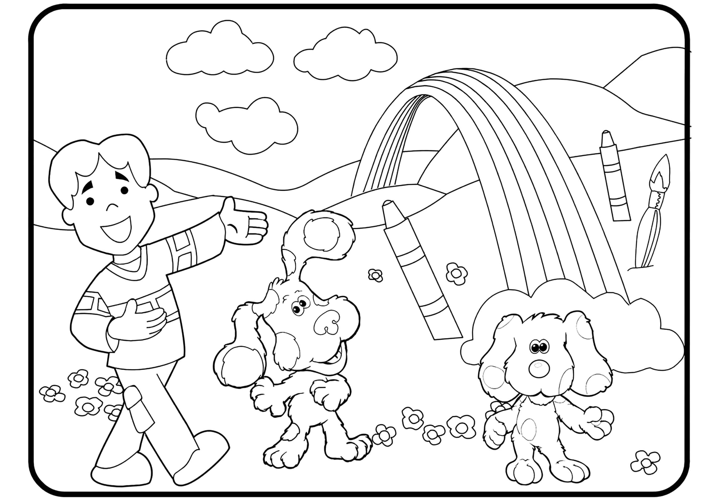 Joe with two dogs (Printable Blue’s Clues Coloring Page for Kids)