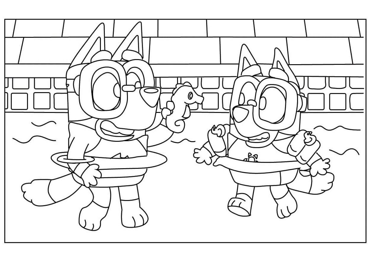 Coloring page with Bluey : Swimming pool