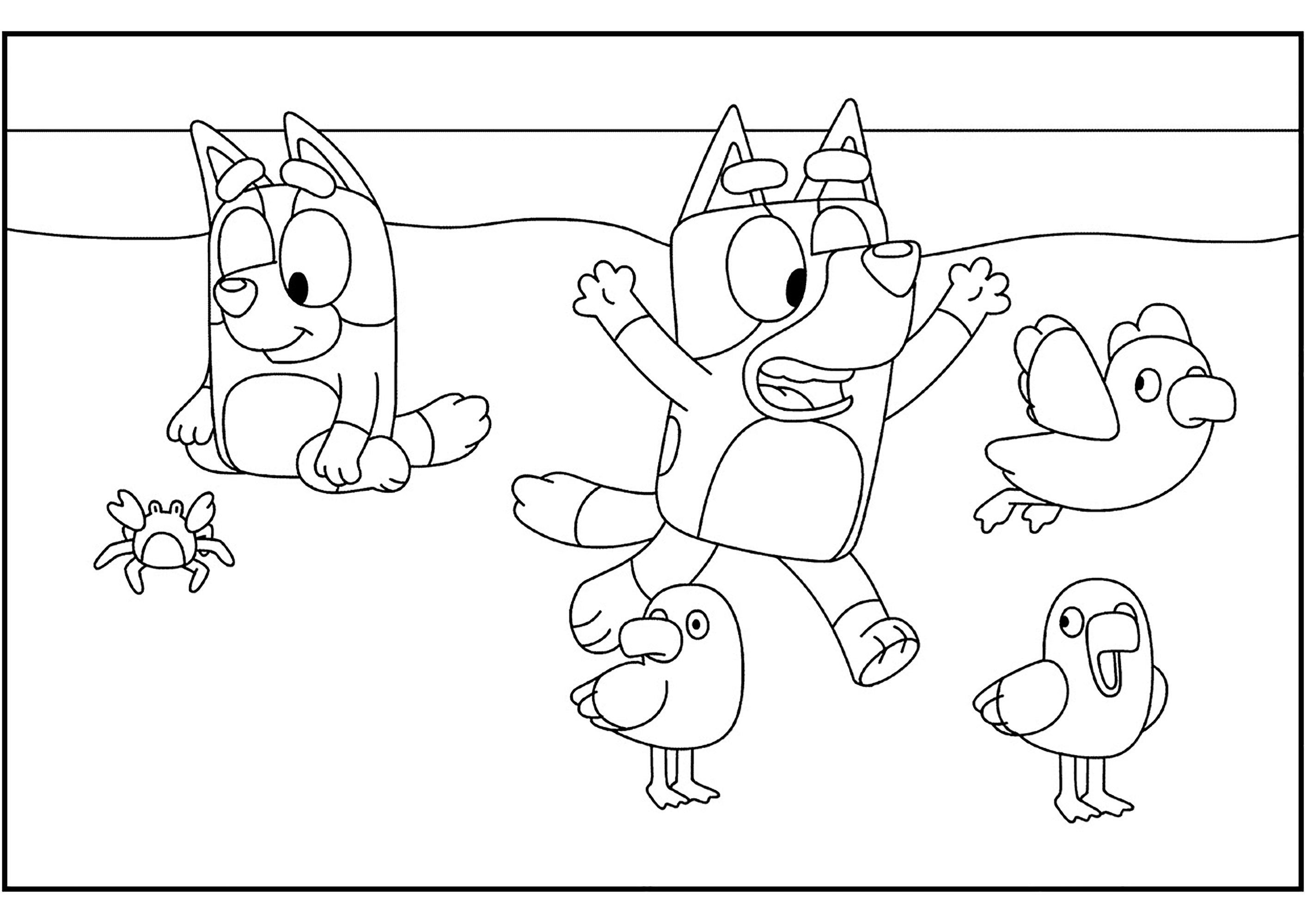 Simple coloring page of Bluey: Bluey and birds