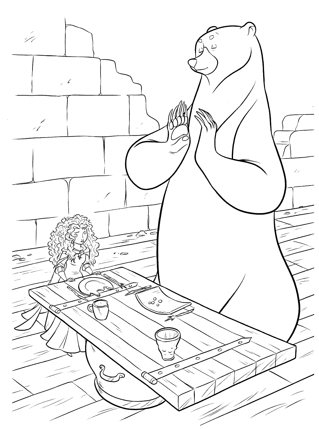 Coloring of the mother bear of Merida, at the table with her daughter