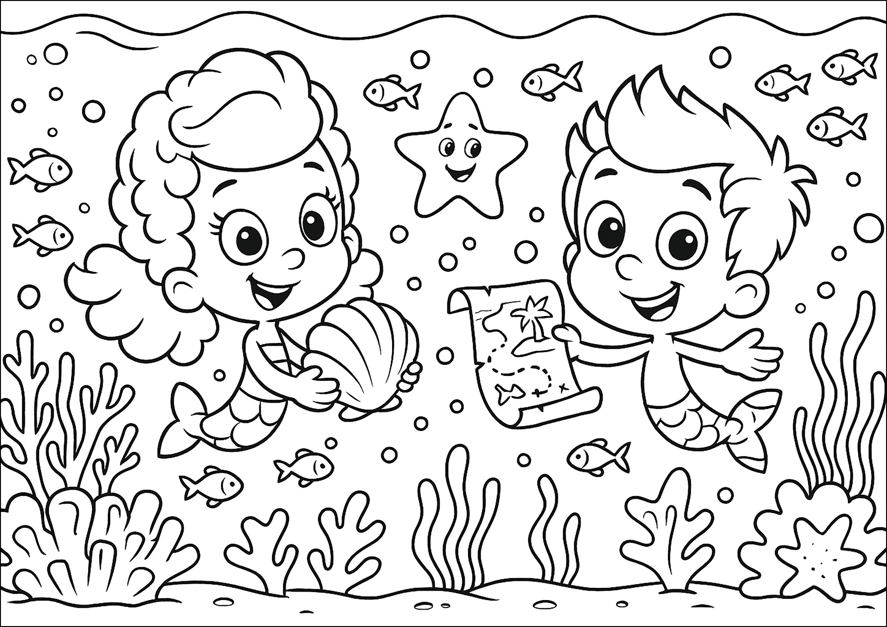 The Bubble Guppies on a treasure hunt (Printable Coloring Page for Kids)
