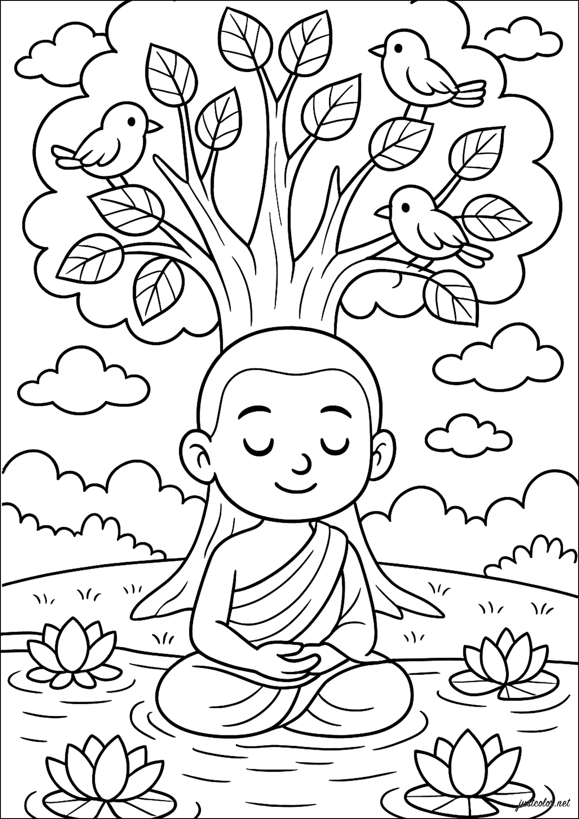 Young monk under a tree (Printable Buddhism Coloring Page for Kids)