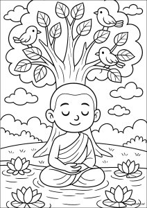 Young monk under a tree (Buddhism Coloring Page)