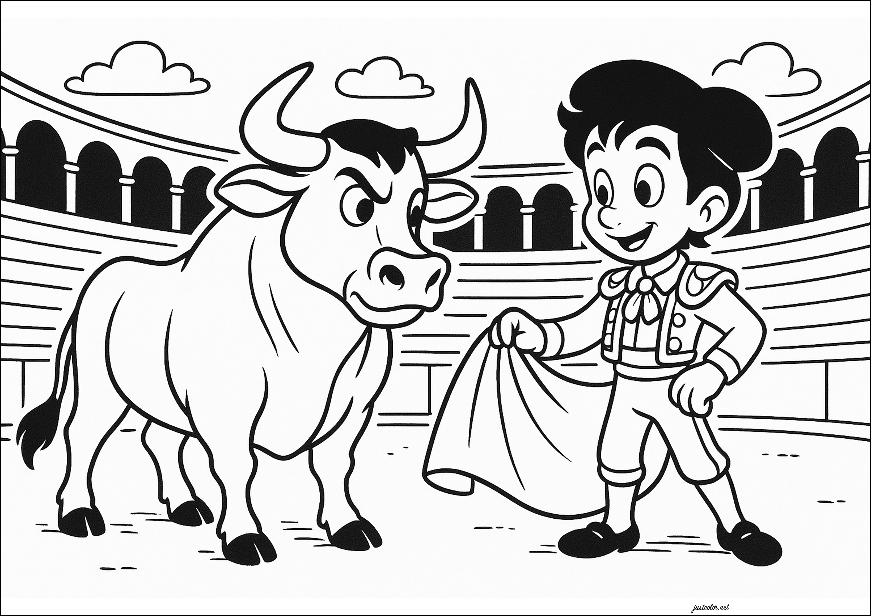 Disney/Pixar-style drawing of a Corrida scene (Printable Bull Coloring Page for Kids)