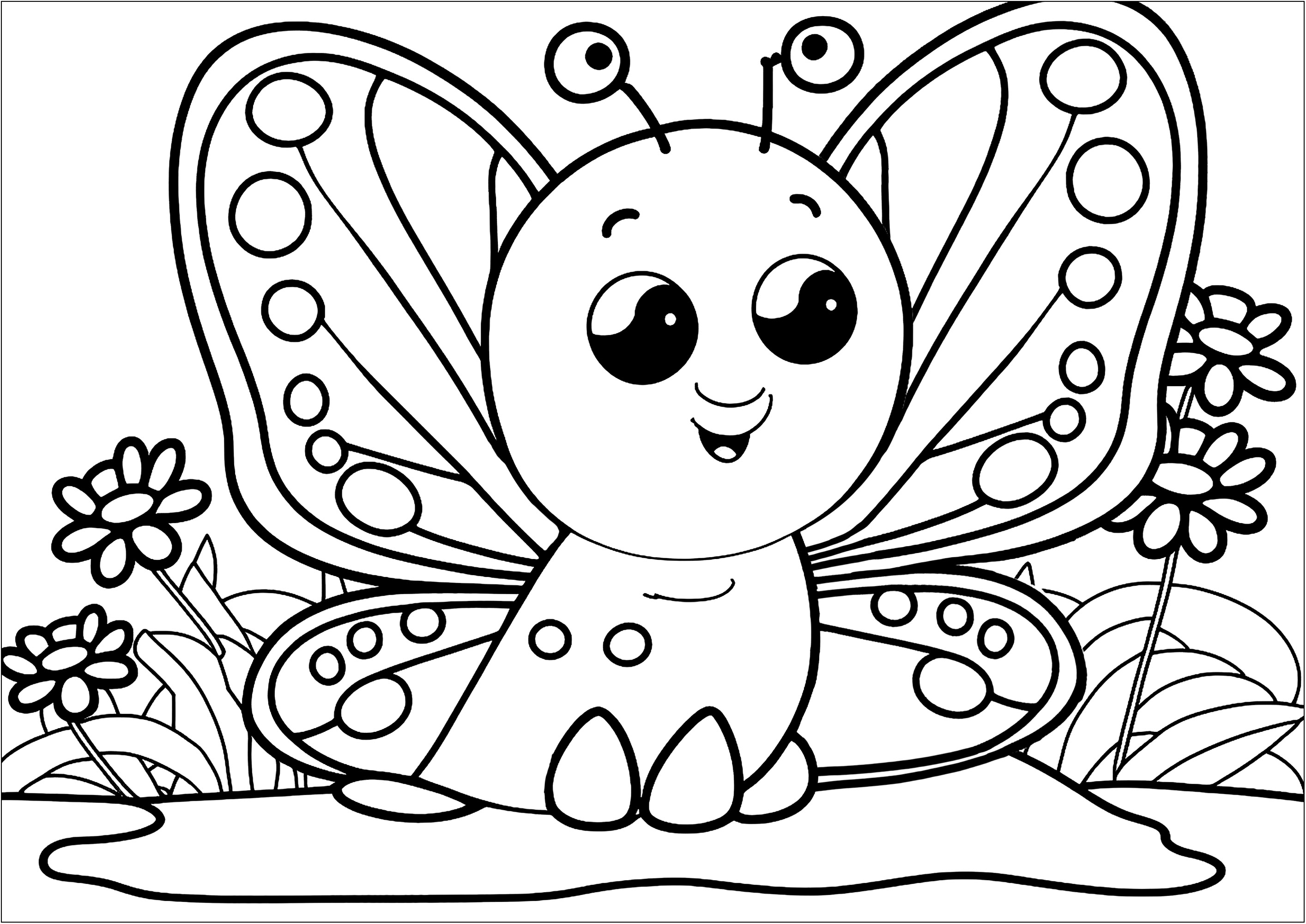 A nice little butterfly with big eyes, very simple to color. This coloring page has fairly few details and large areas, so it's perfect for the little ones.With bright colors, this little butterfly will look even more charming. Kids will be thrilled to see the results of their work once the coloring is done!