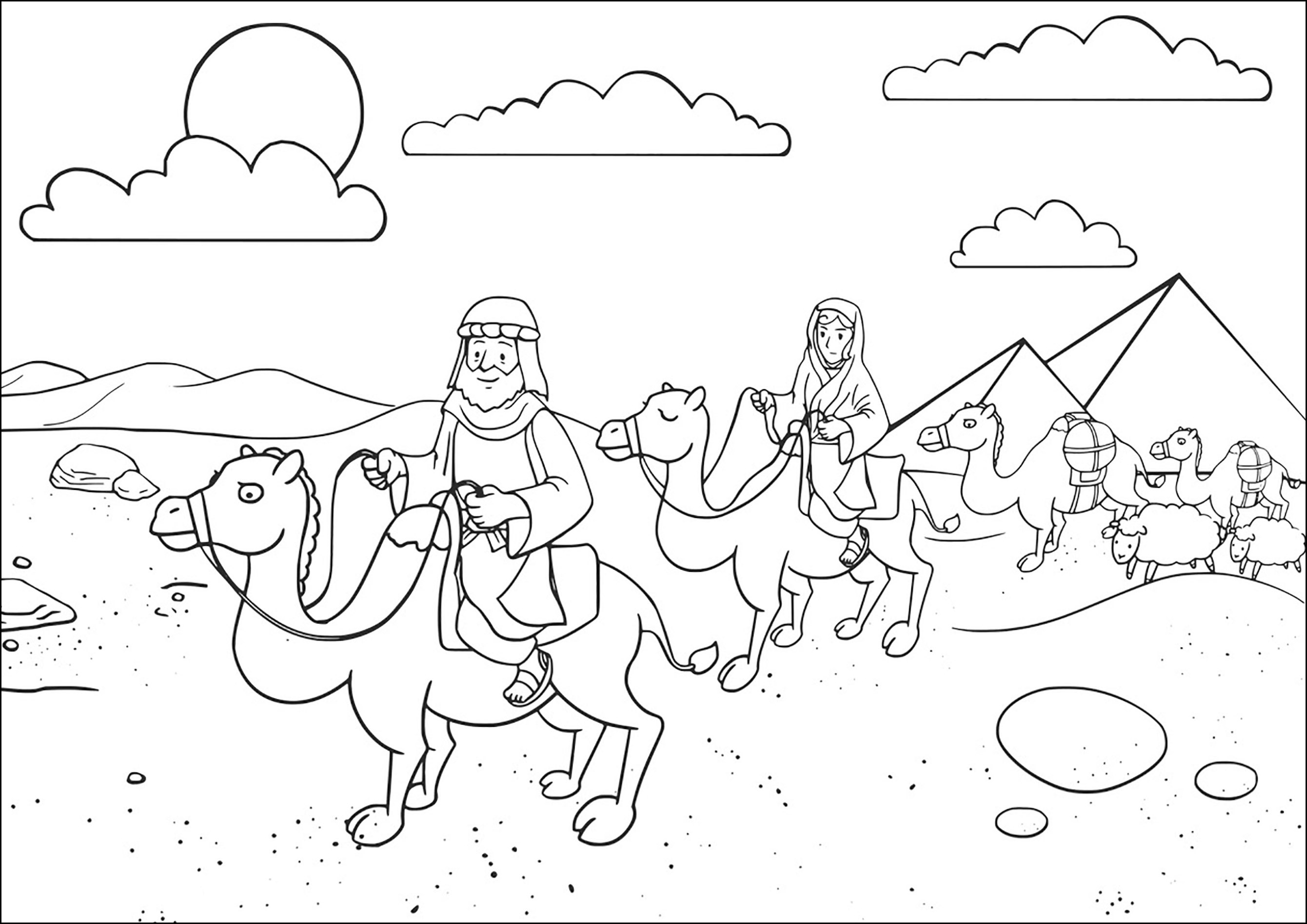 Abraham in the desert with camels. In the Bible, Abraham married his half-sister, Sarah, and began a long journey, detailed in the Book of Genesis (chapters 12 to 25), from Mesopotamia to Haran, then later to Canaan and Egypt, riding camels.