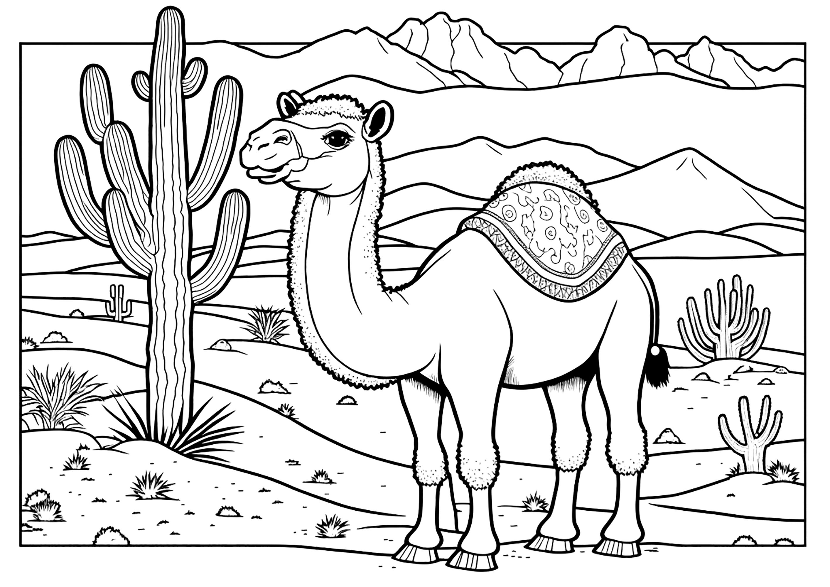 Dromedary in the desert, with a big cactus. This beautiful camel is standing on the warm sand, with its long legs and elongated neck. We see sand dunes and mountains in the background. A large cactus stands majestically to the left of the camel.