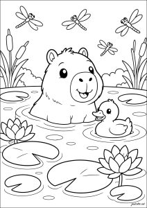 Capybara and duck in the pond