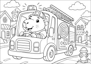 Capybara driving a fire truck