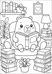 Capybara sitting in an armchair with a book