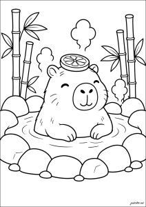 Capybara in a bath surrounded by bamboo