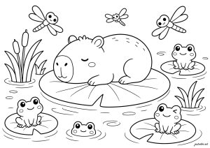 Sleeping capybara on a lily pad