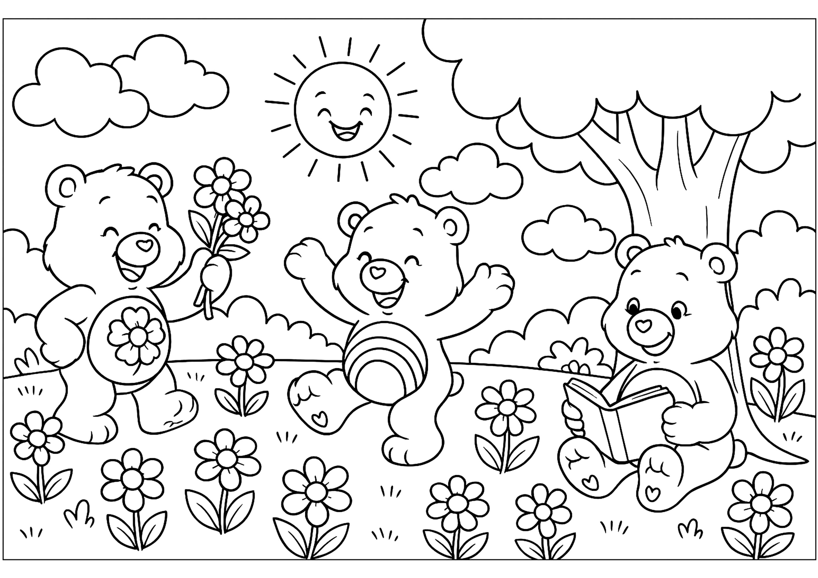 A sunny day for the Care Bears (Printable Coloring Page for Kids)