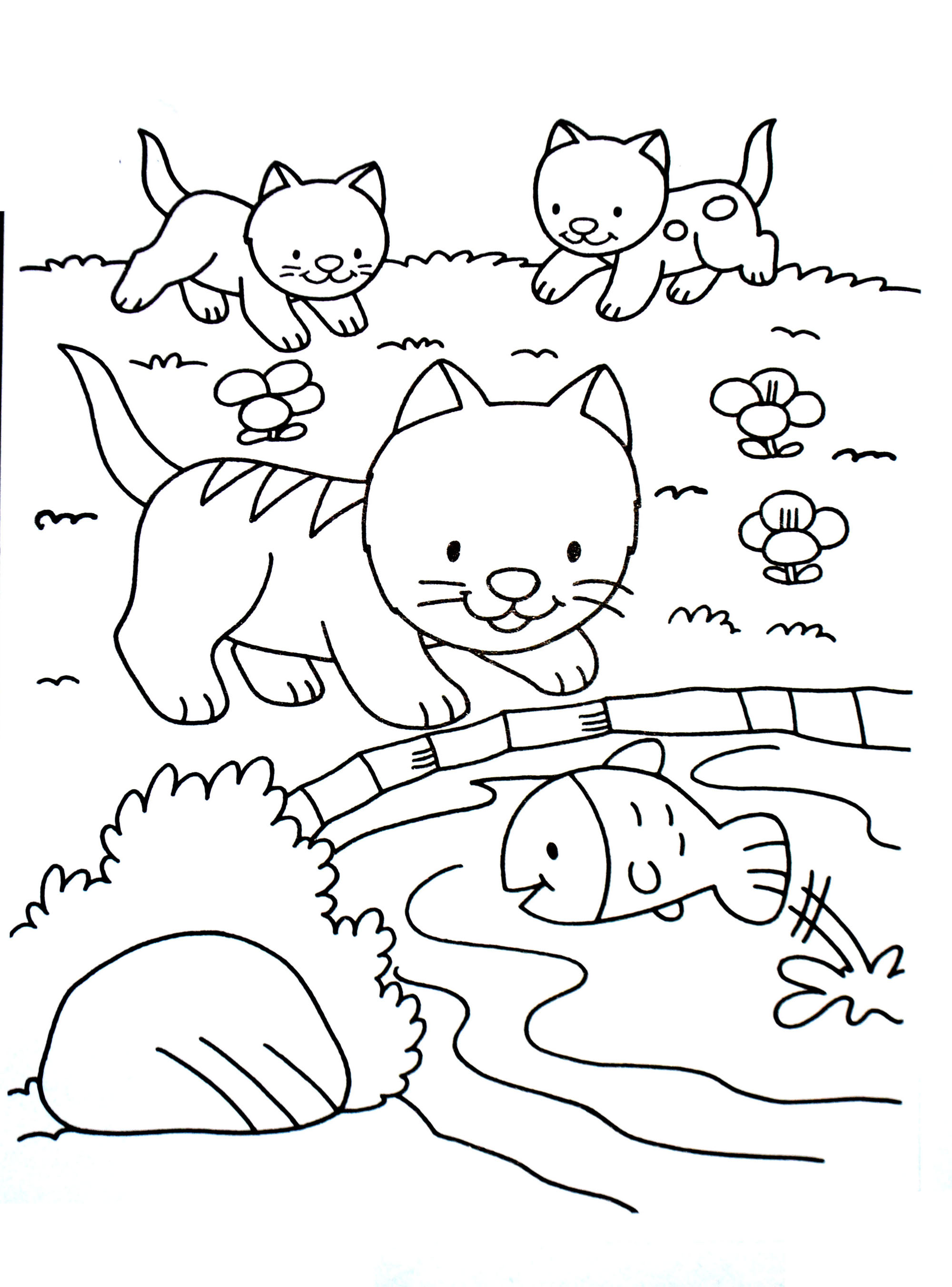 Simple Cat coloring page for kids : Kittens playing and fish