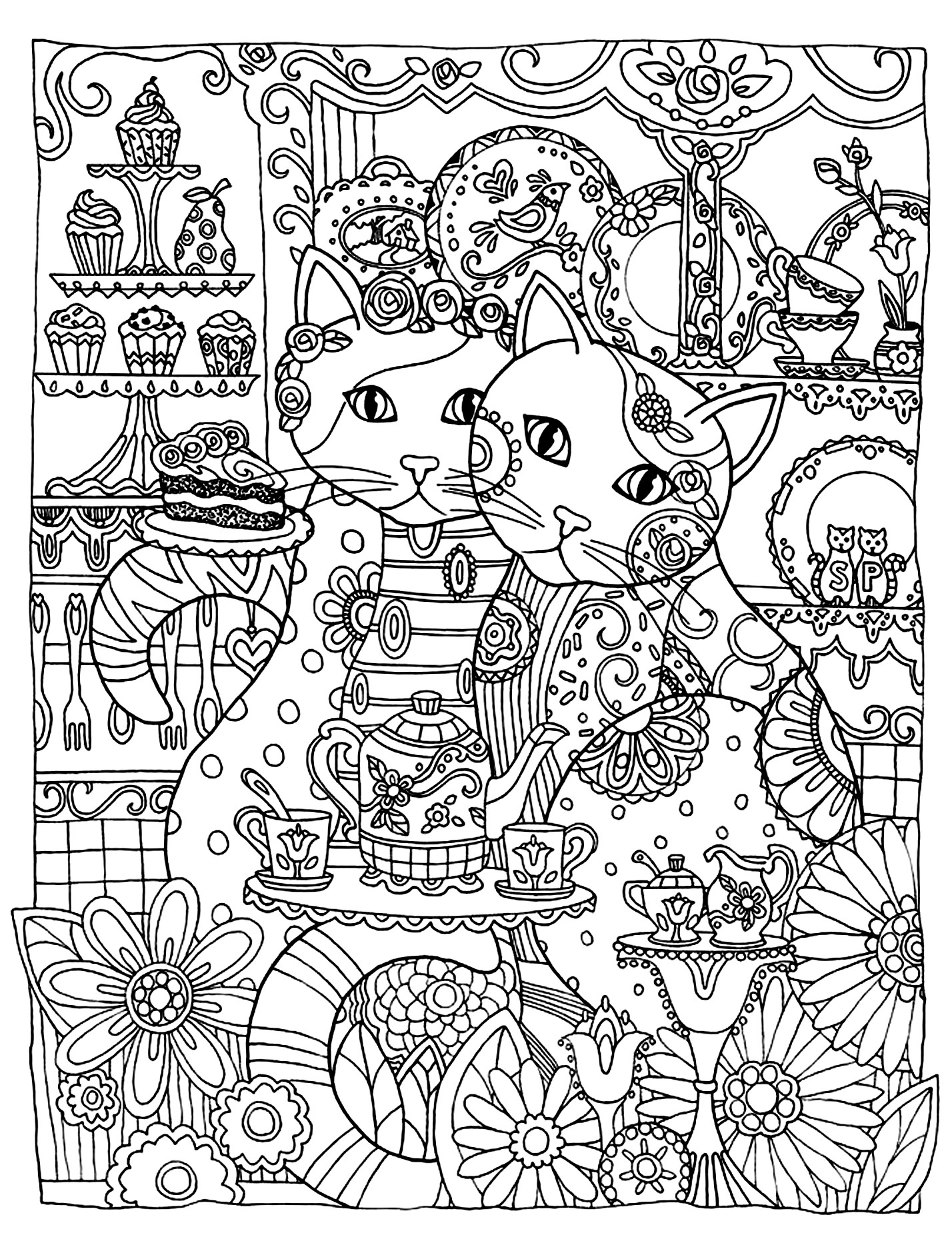 Simple Cat coloring page for kids : Two cats and beautiful objects