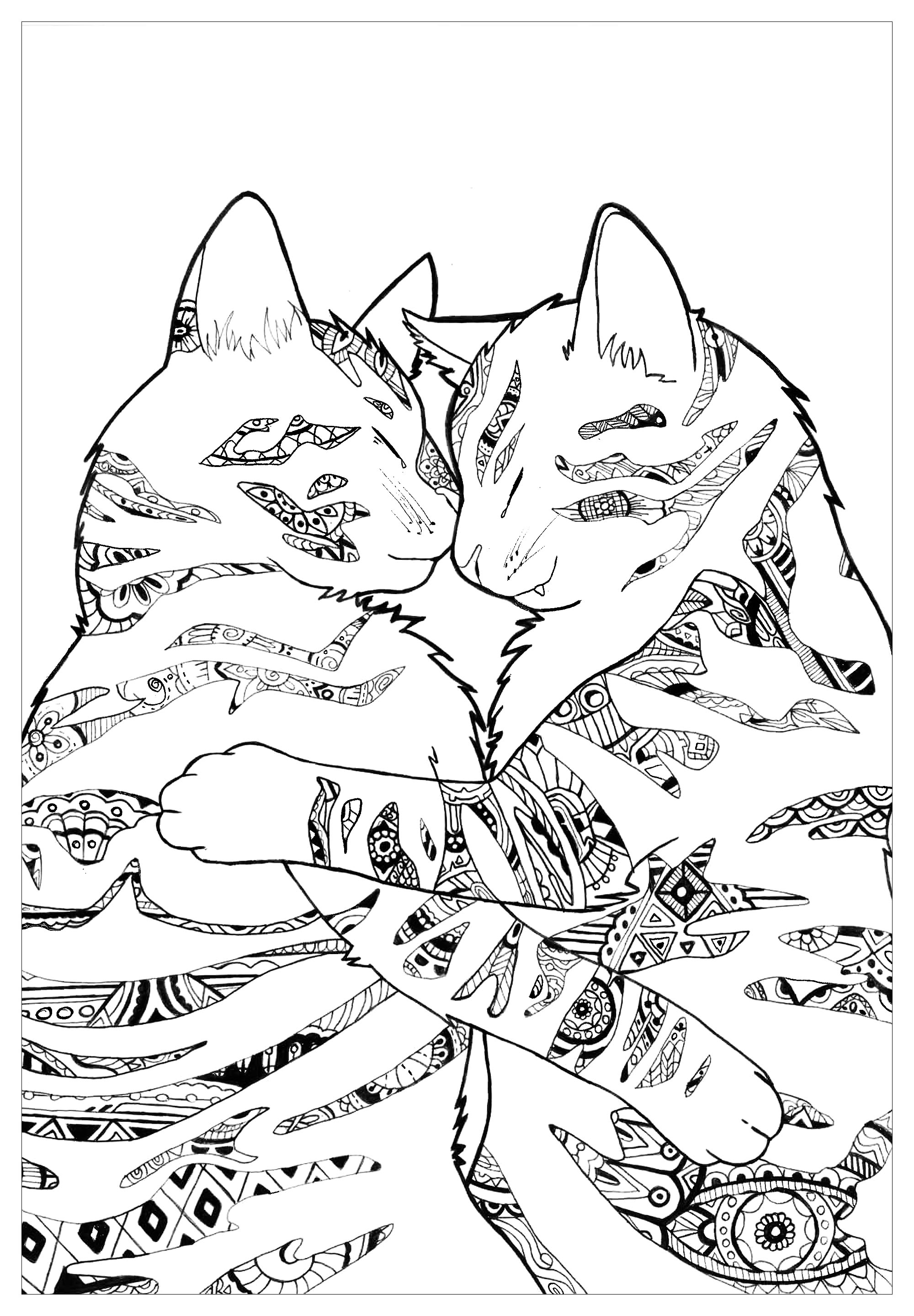 Cats to print for free : Two cats playing - Cats Kids Coloring Pages