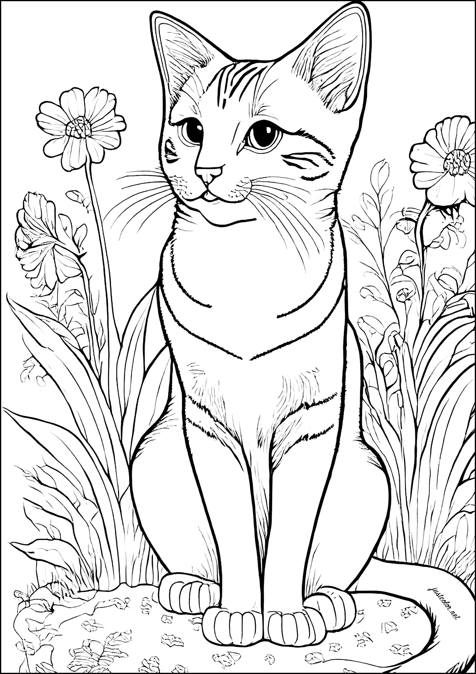 Little cat among the flowers (Printable Coloring Page for Kids)