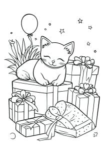 Printable Balloon Coloring Page for Kids : A cat and lots of wrapped presents