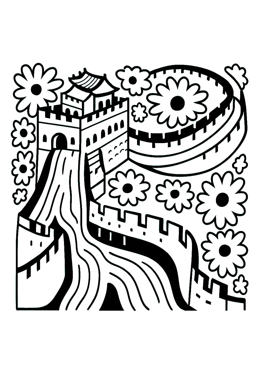Drawing of the Great Wall of China, in a very special style (Printable Coloring Page for Kids)