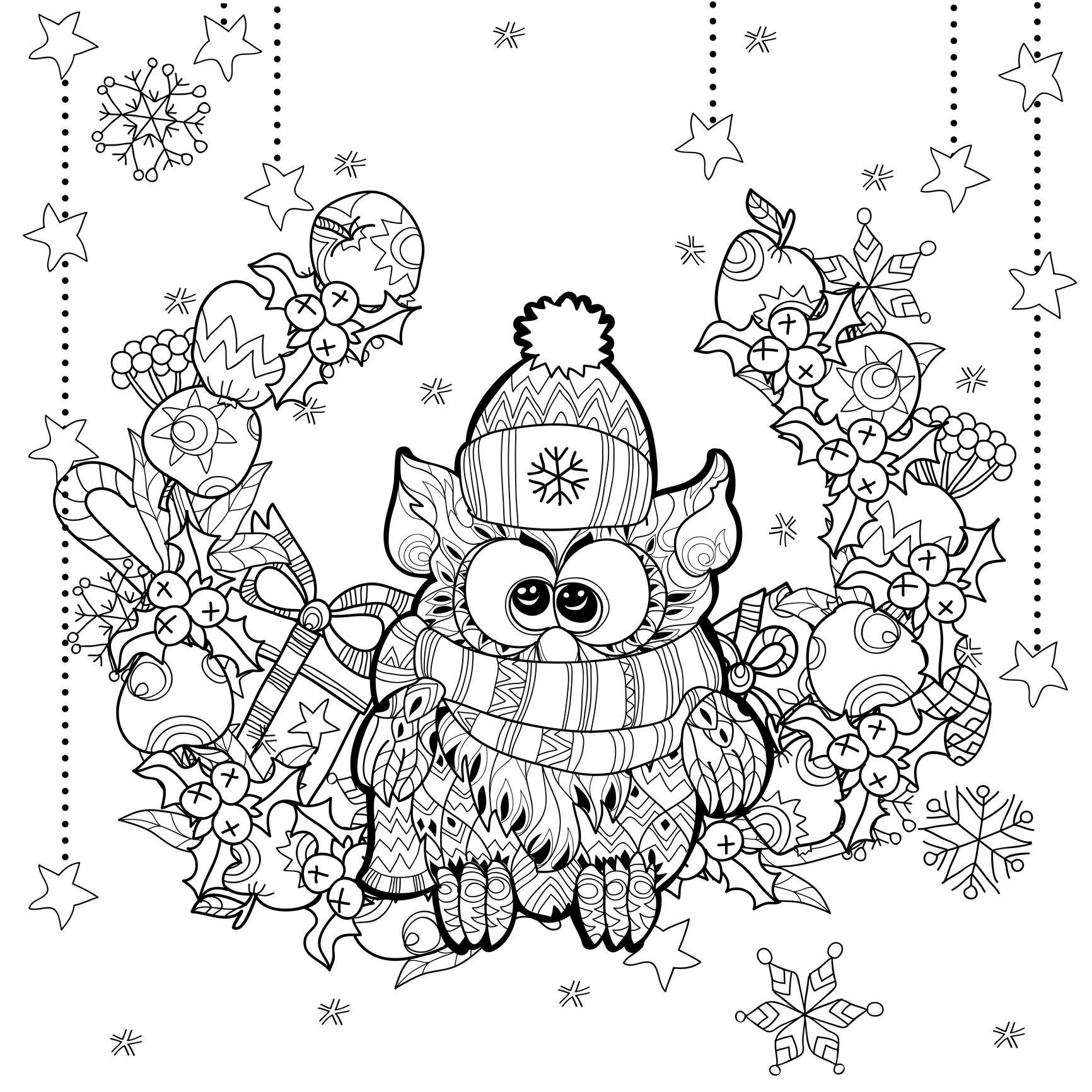 Simple Christmas coloring page for children : this cute owl just want some colors