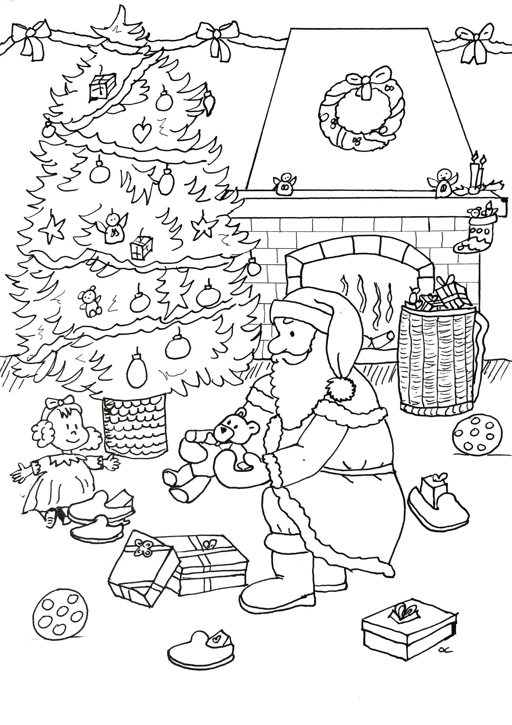 Santa Claus preparing the gifts at the foot of the tree, by Olivier