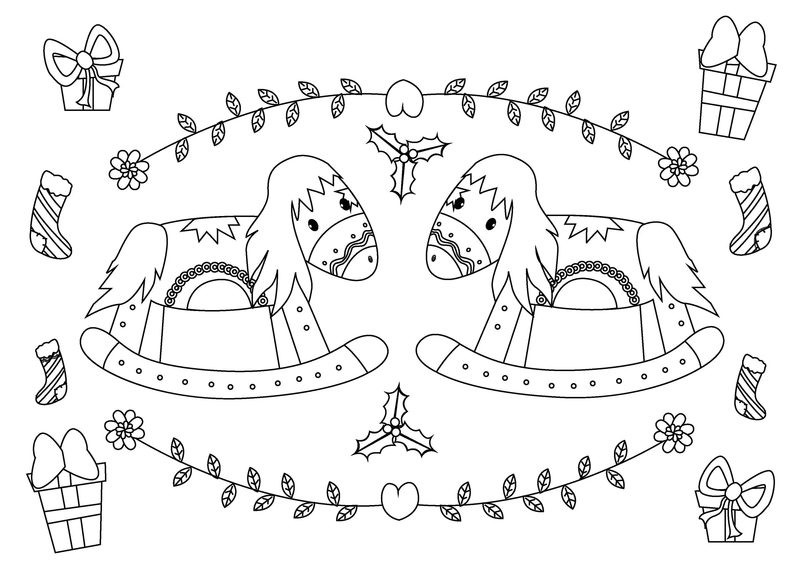 Christmas rocking horses (Printable Coloring Page for Kids)
