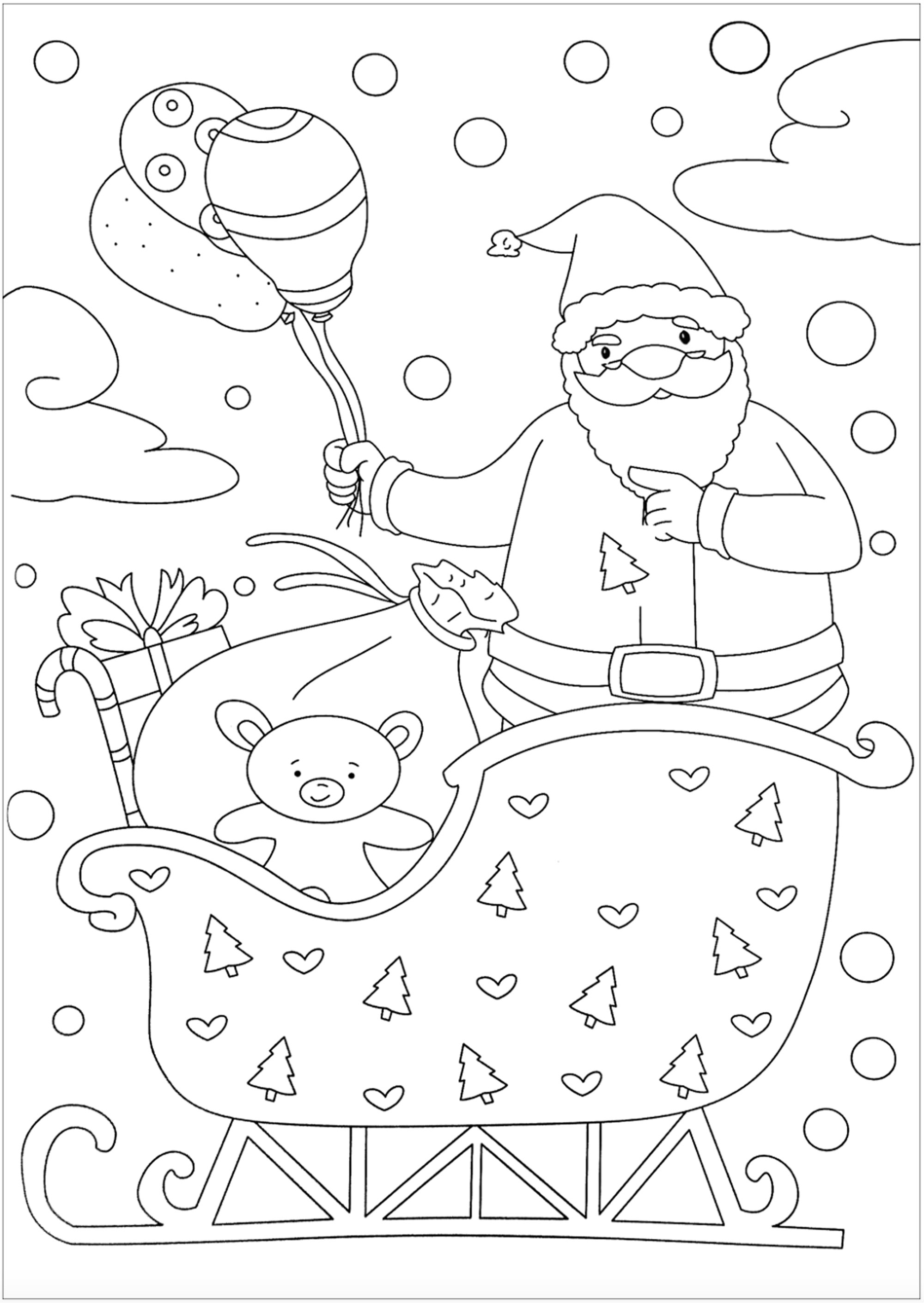 A beautiful Santa Claus to color, with pretty balloons.  He is in his sleigh with presents and a cuddly toy