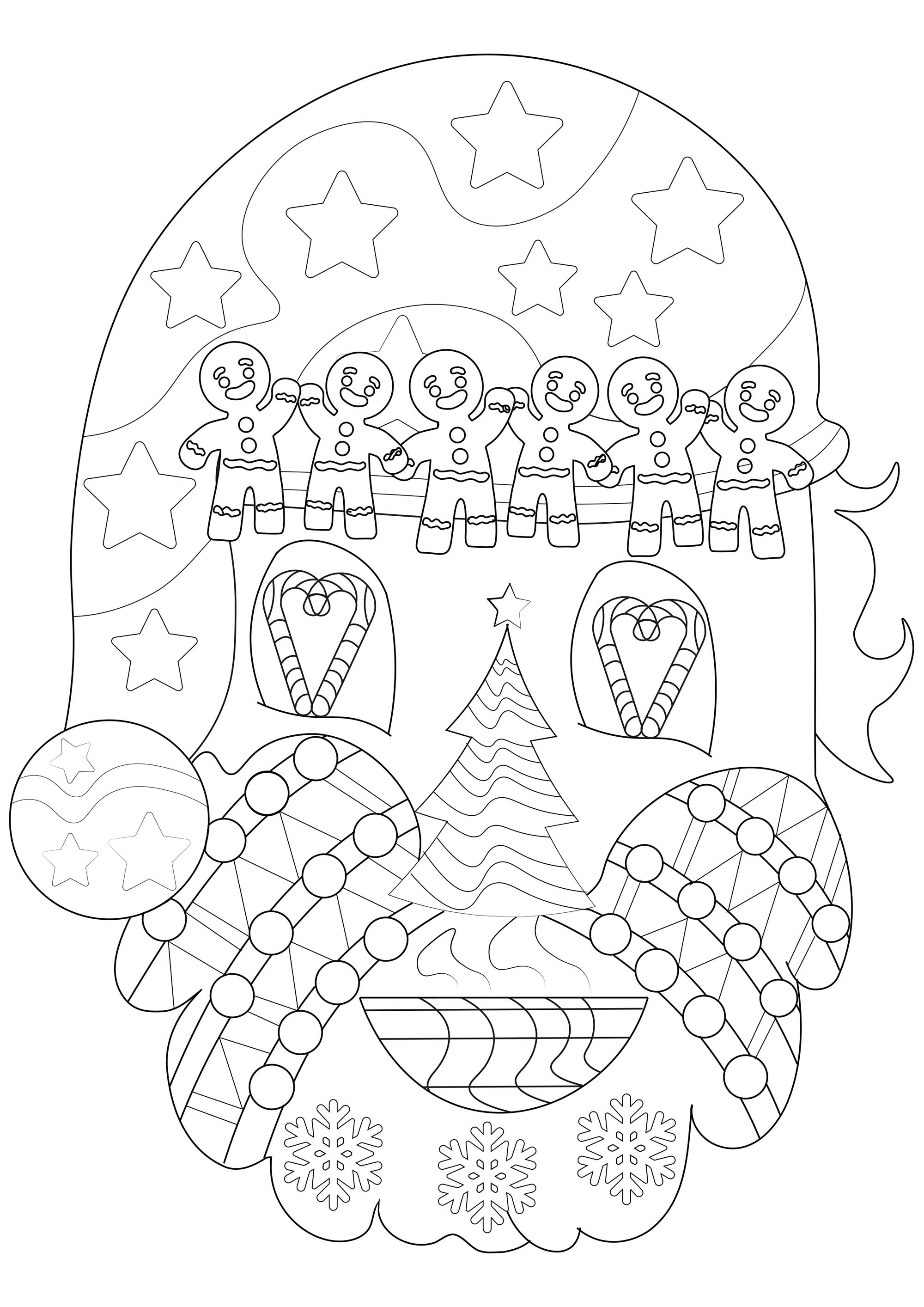 Santa Claus coloring page for kids, with lots of Christmas motifs in his face