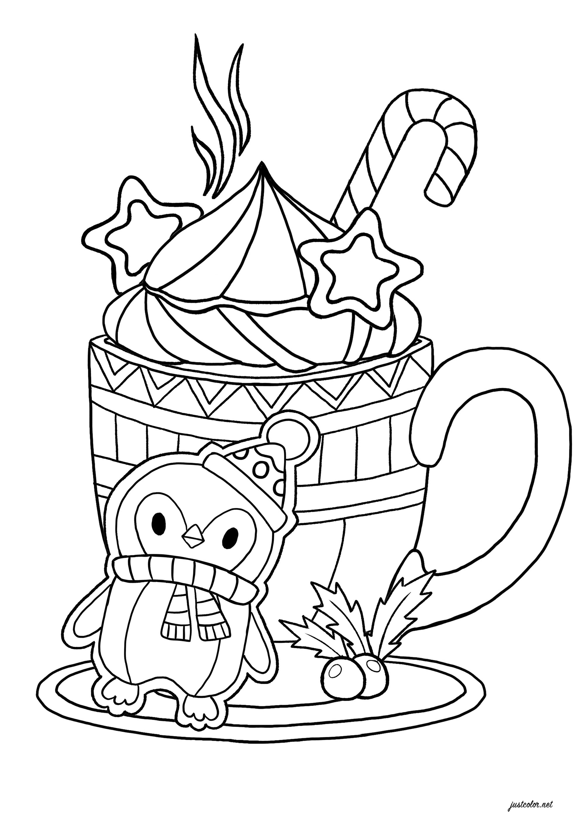 A nice hot chocolate with Christmas decorations and a little penguin (Coloring Page) A nice hot chocolate with Christmas decorations and a little penguin (Printable Coloring Page for Kids)